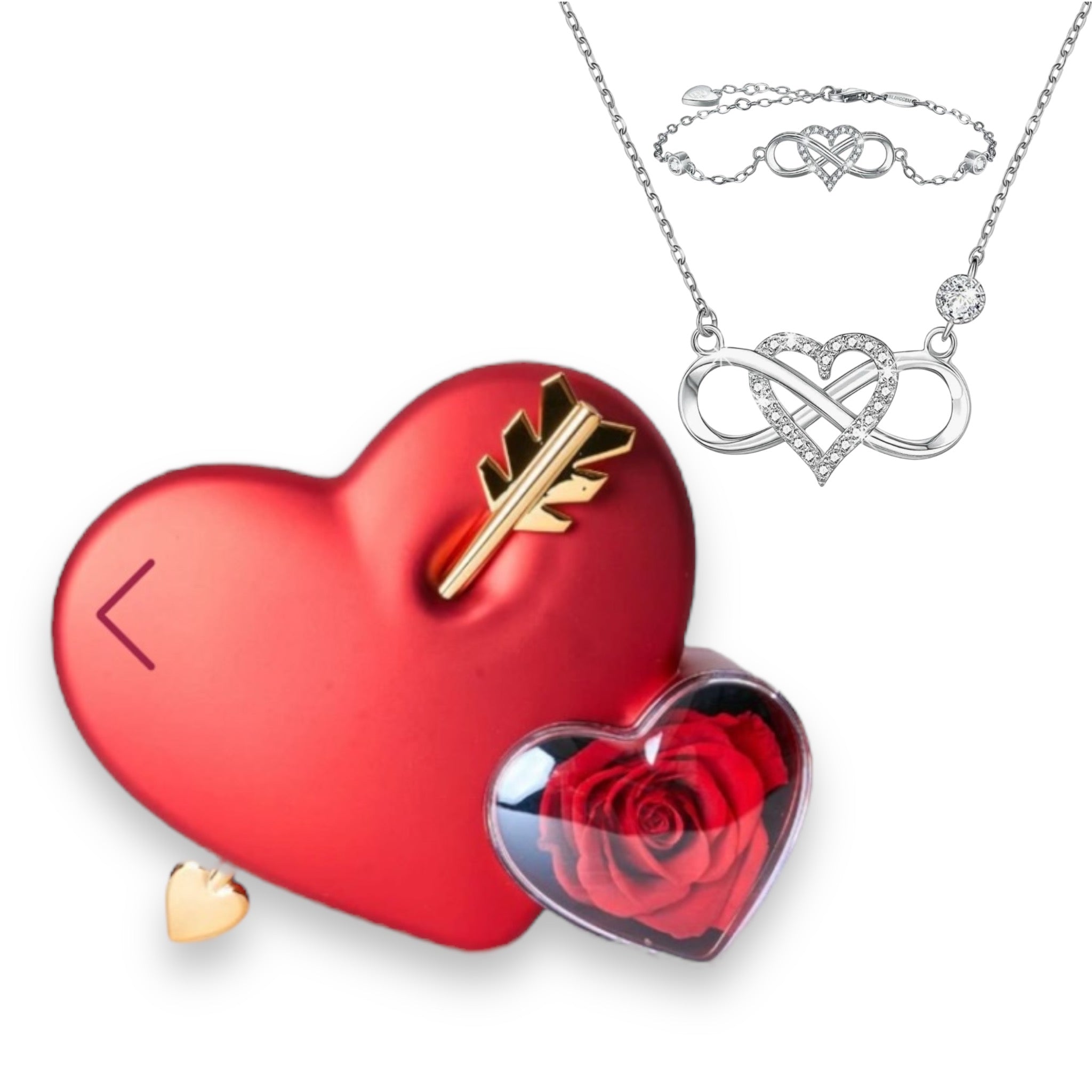 Coeur avec rose éternelle stabilisé et bijoux