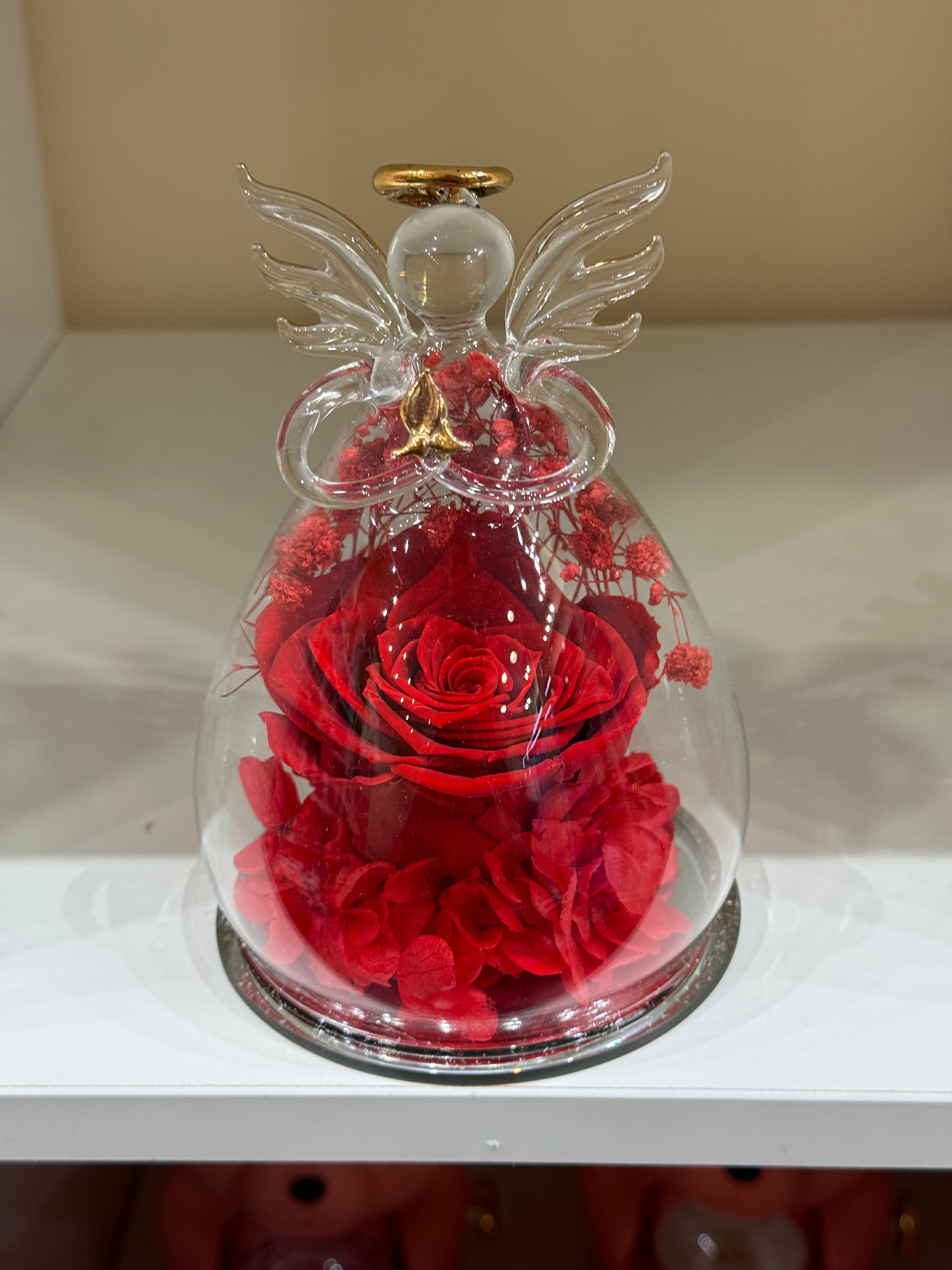 Ange en verre avec rose éternelle stabilisée