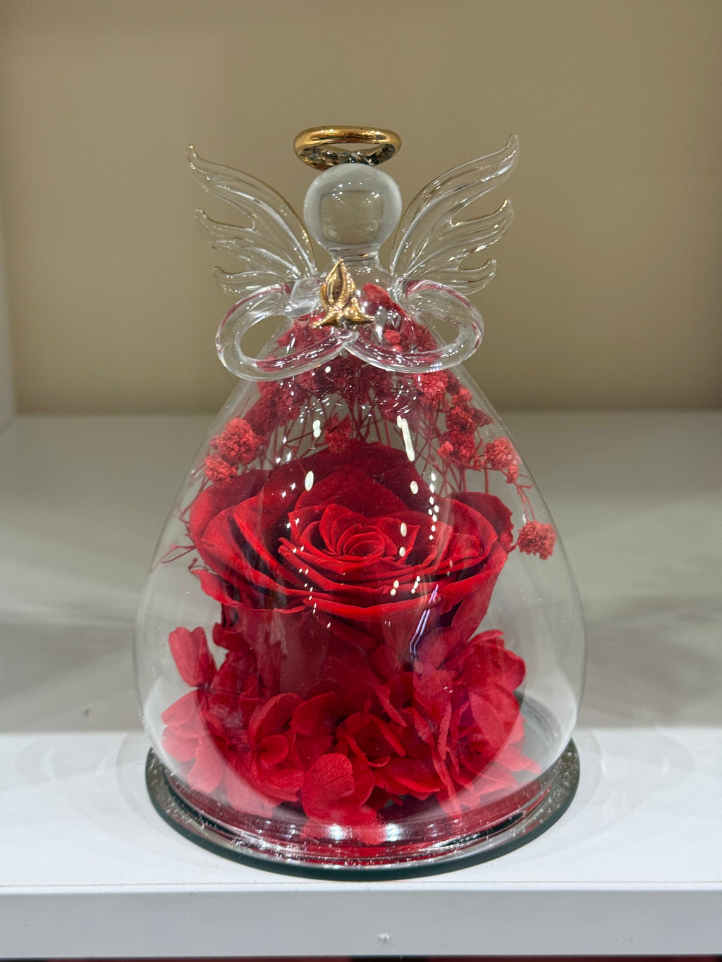 Ange en verre avec rose éternelle stabilisée