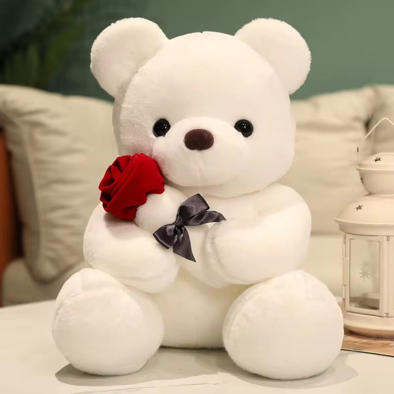 Ours en peluche blanc avec rose rouge – Cadeau romantique et tendre